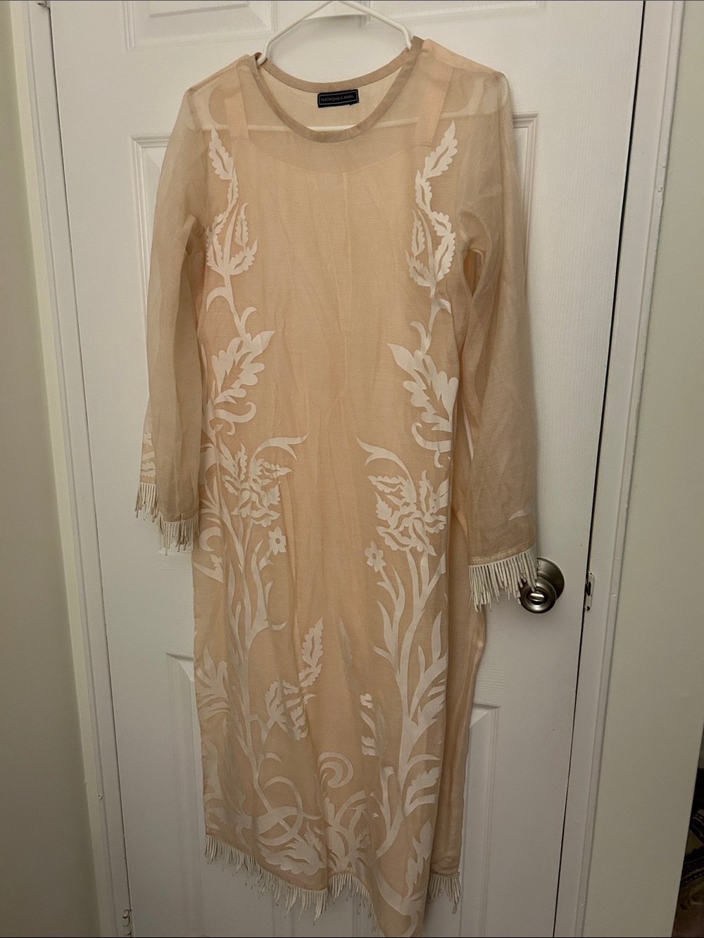 Natasha Kamal Sheer Beige Long Sleeve Embroidered Midi Dress